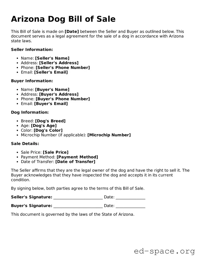 Free  Dog Bill of Sale Form for Arizona