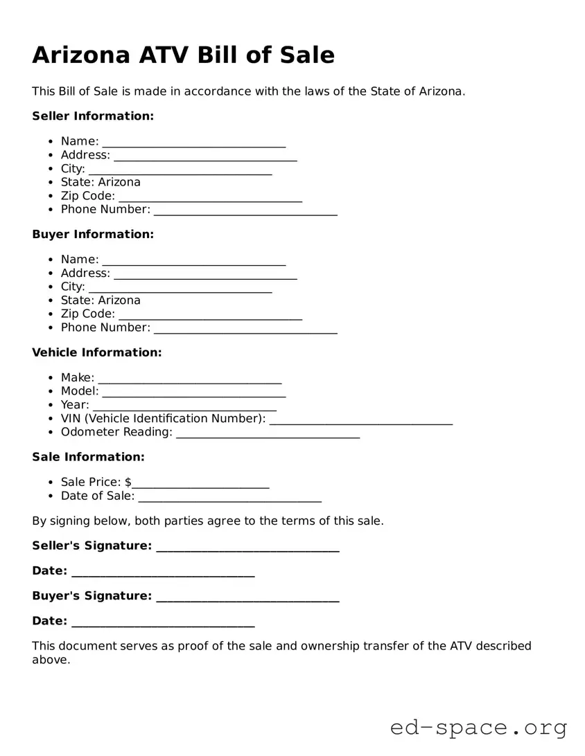 Free  ATV Bill of Sale Form for Arizona