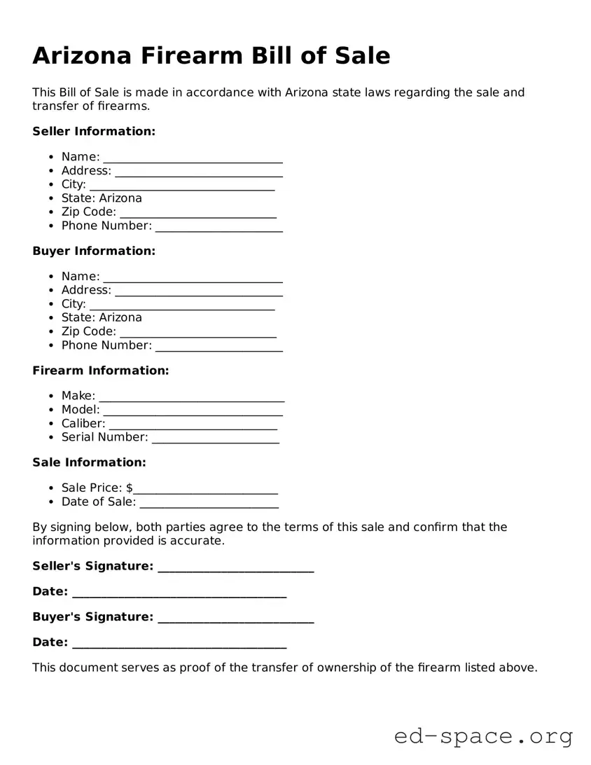 Free  Firearm Bill of Sale Form for Arizona