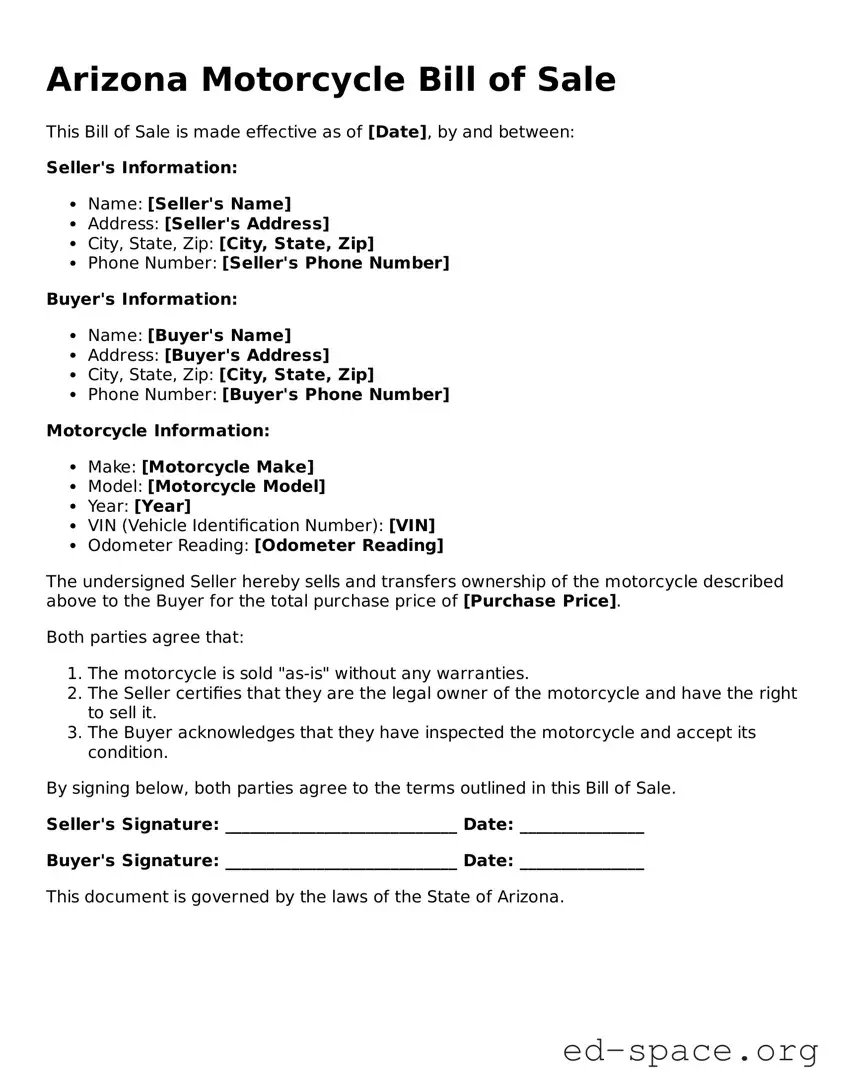 Free  Motorcycle Bill of Sale Form for Arizona