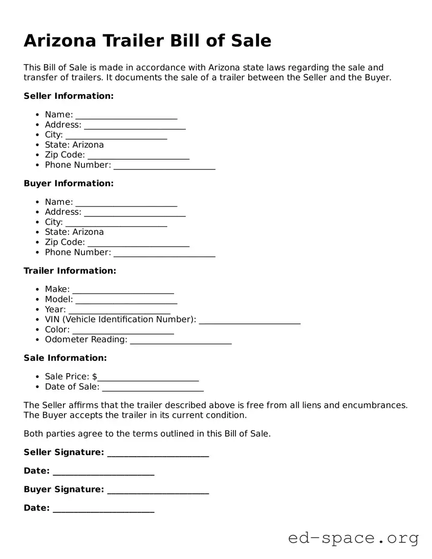 Free  Trailer Bill of Sale Form for Arizona