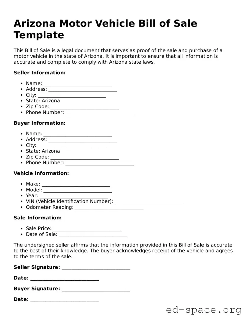 Free  Motor Vehicle Bill of Sale Form for Arizona