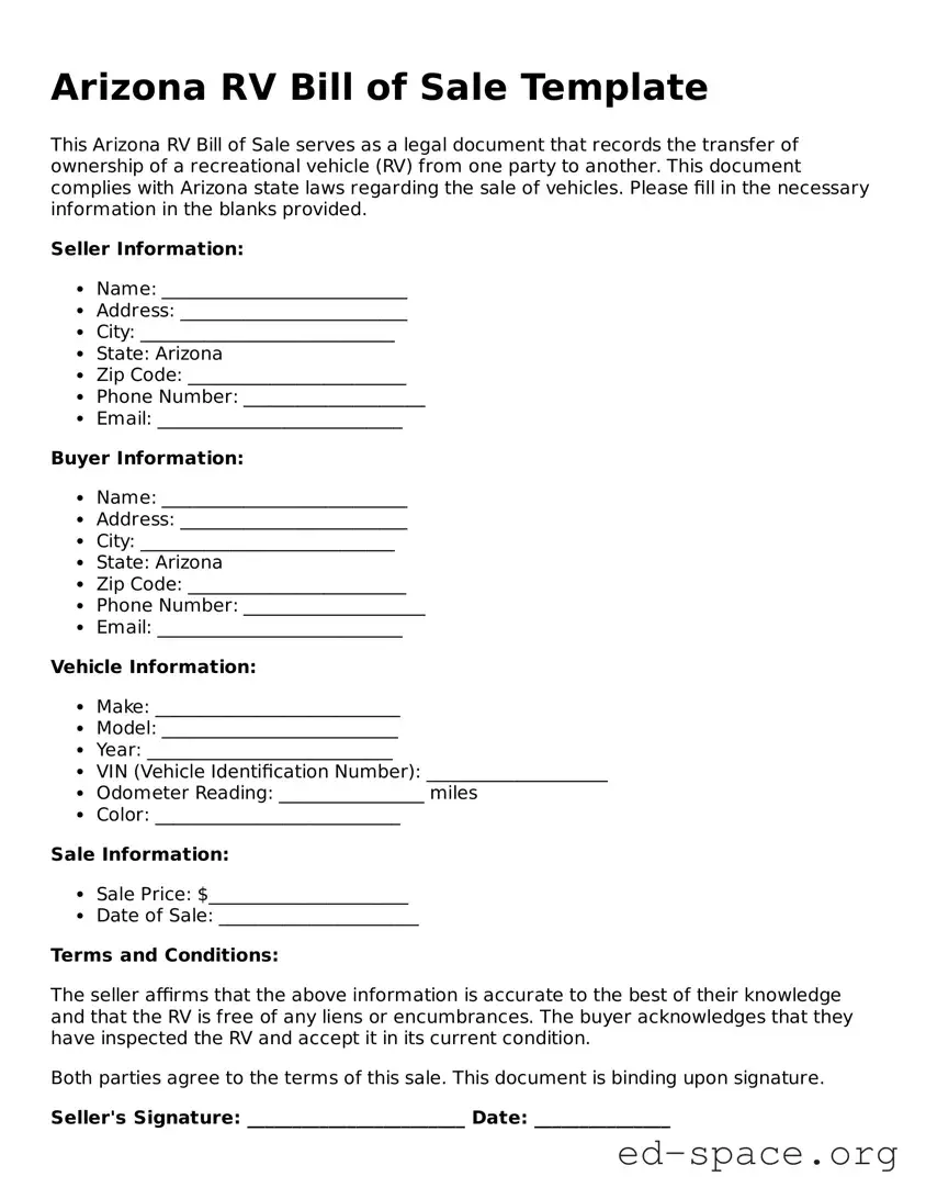 Free  RV Bill of Sale Form for Arizona