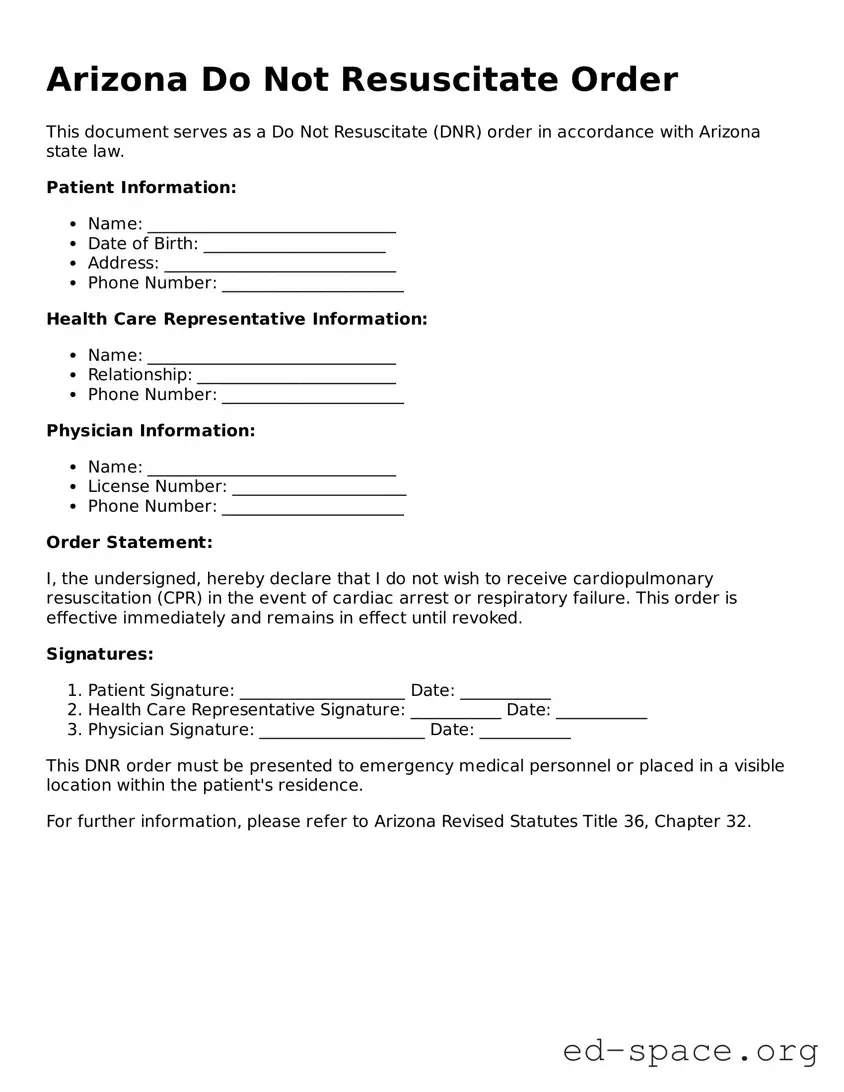 Free  Do Not Resuscitate Order Form for Arizona