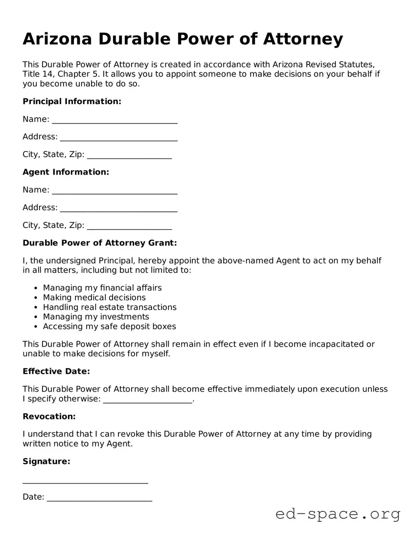 Free  Durable Power of Attorney Form for Arizona