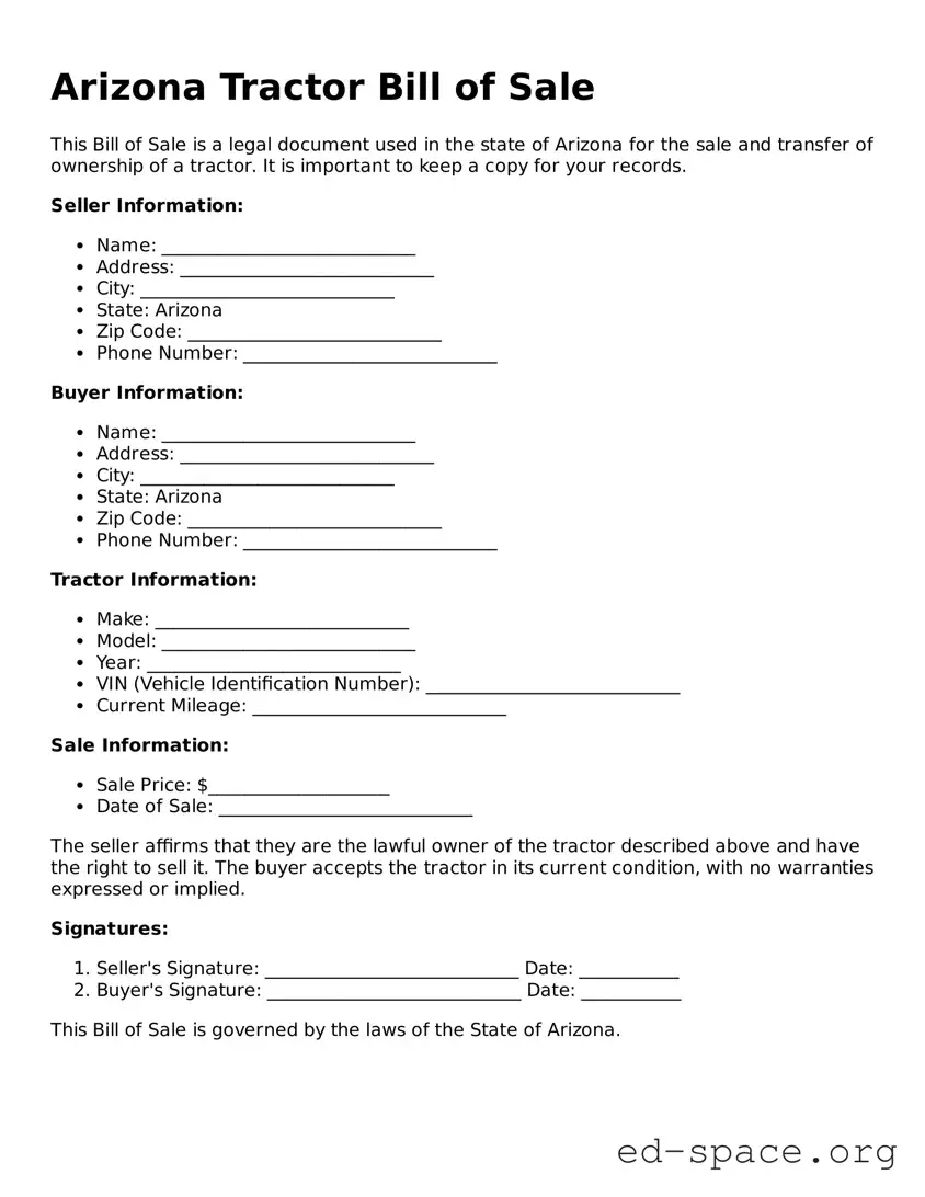 Free  Tractor Bill of Sale Form for Arizona