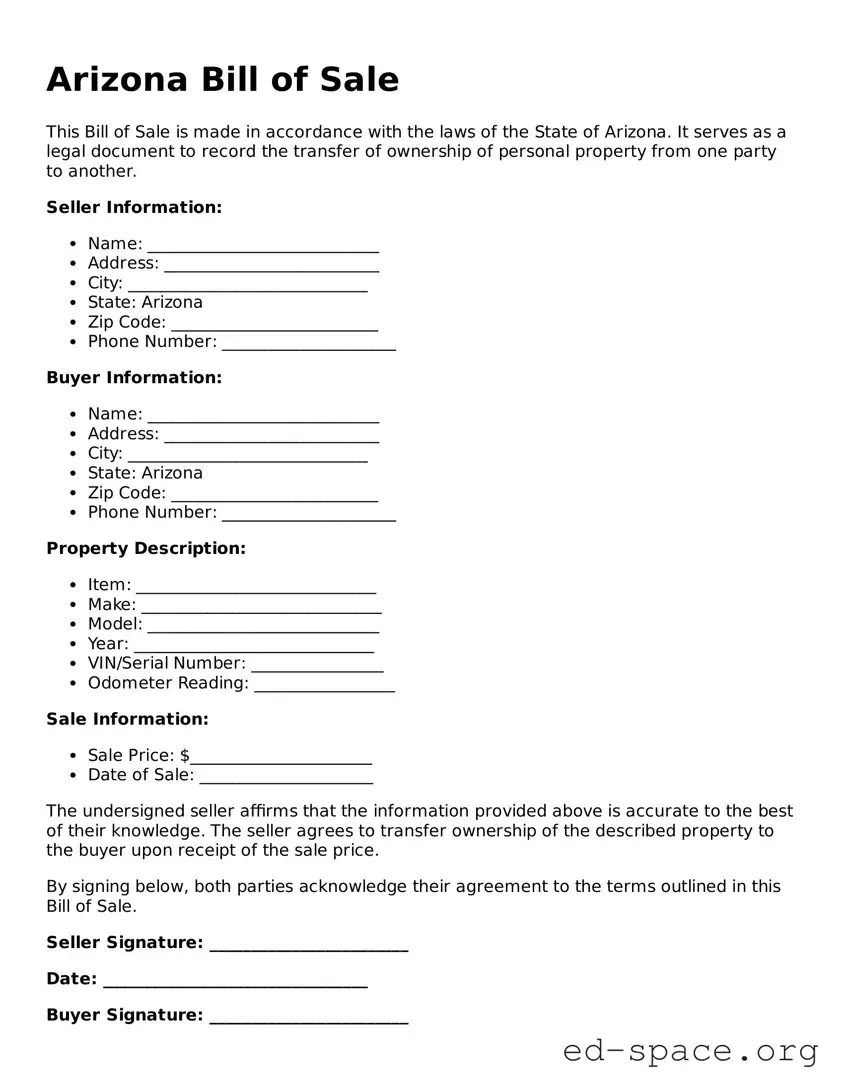 Free  Bill of Sale Form for Arizona