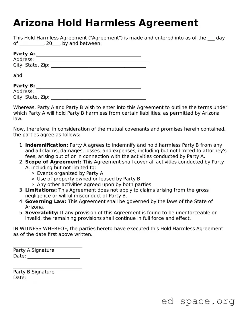 Free  Hold Harmless Agreement Form for Arizona