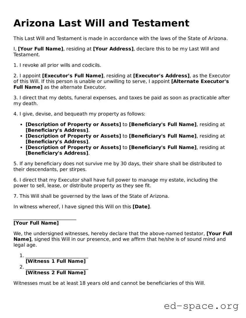 Free  Last Will and Testament Form for Arizona