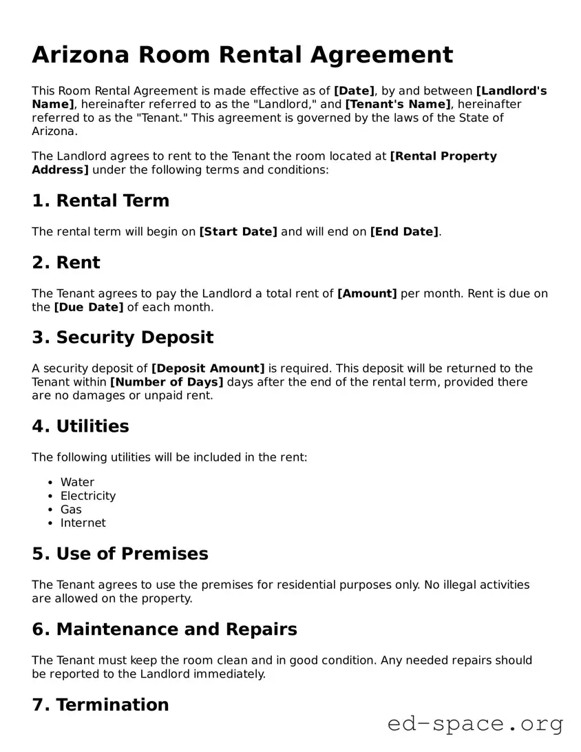 Free  Room Rental Agreement Form for Arizona