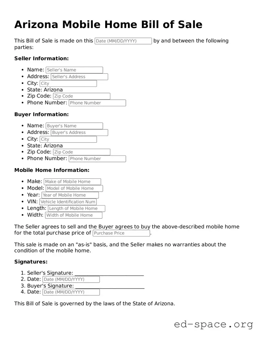Free  Mobile Home Bill of Sale Form for Arizona