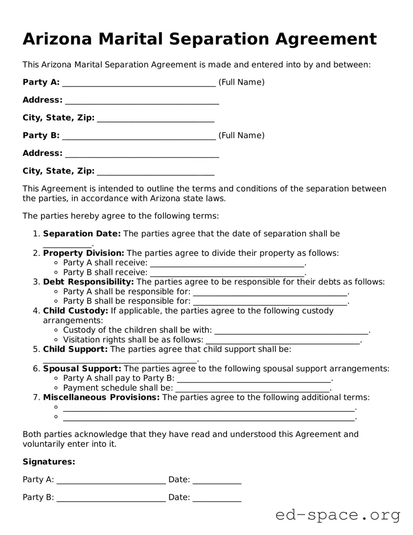 Free  Marital Separation Agreement Form for Arizona