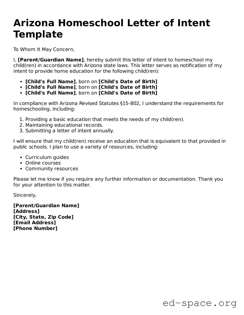 Free  Homeschool Letter of Intent Form for Arizona