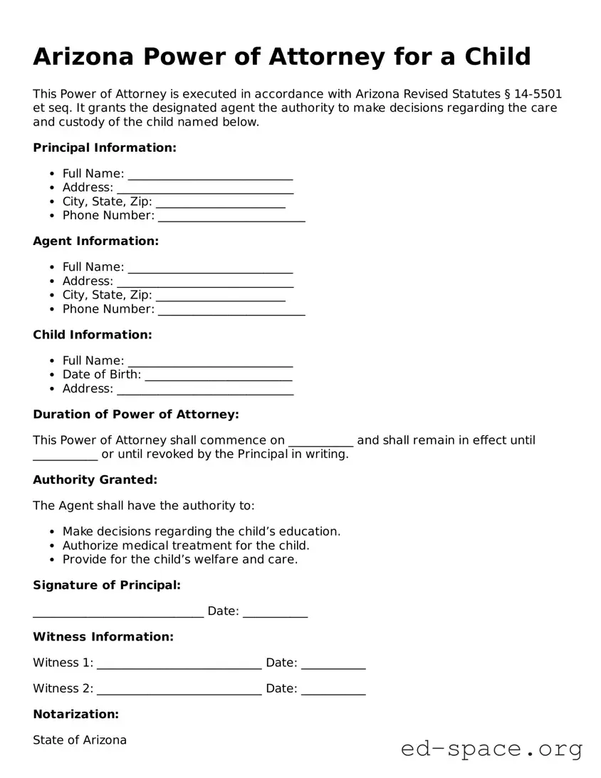 Free  Power of Attorney for a Child Form for Arizona