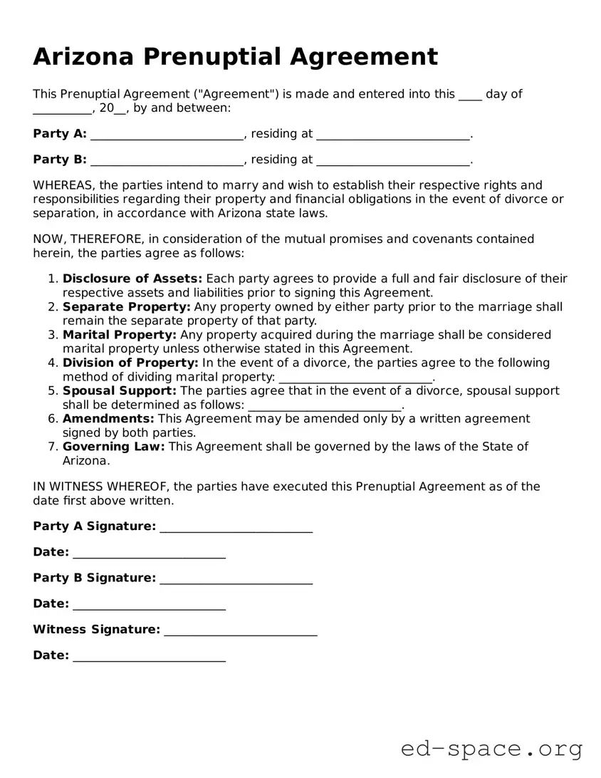 Free  Prenuptial Agreement Form for Arizona