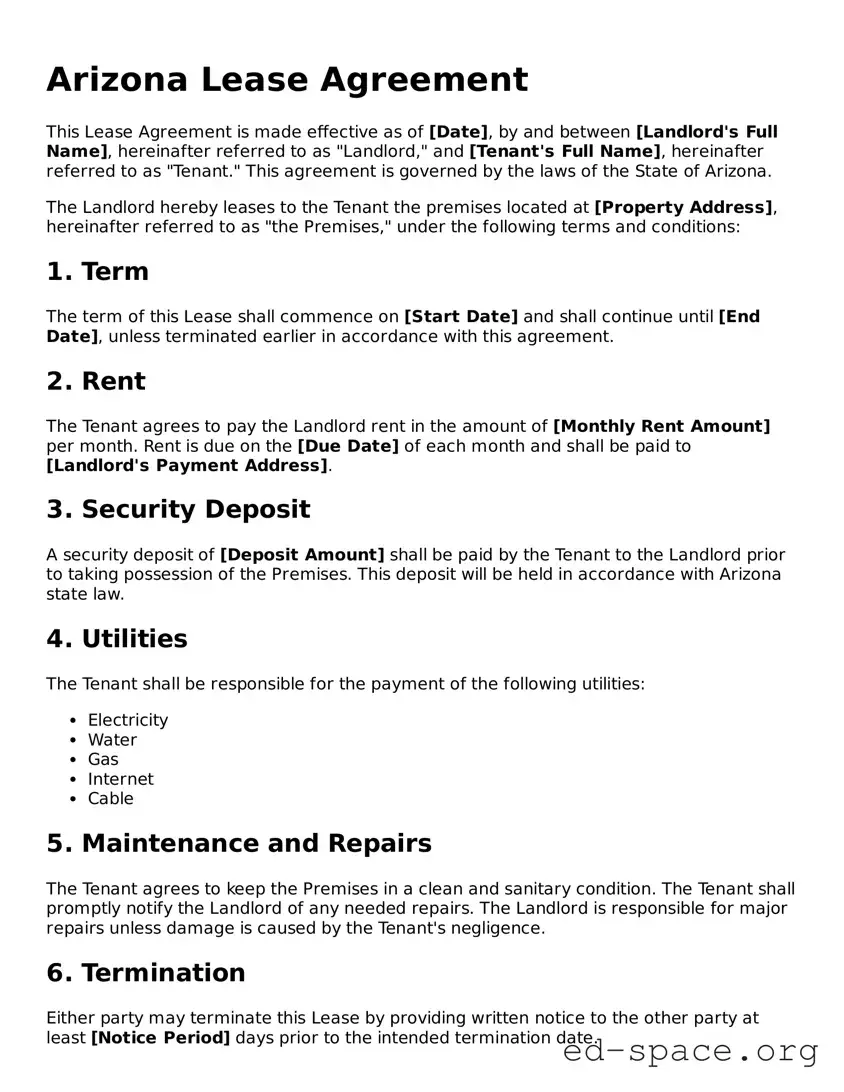 Free  Lease Agreement Form for Arizona
