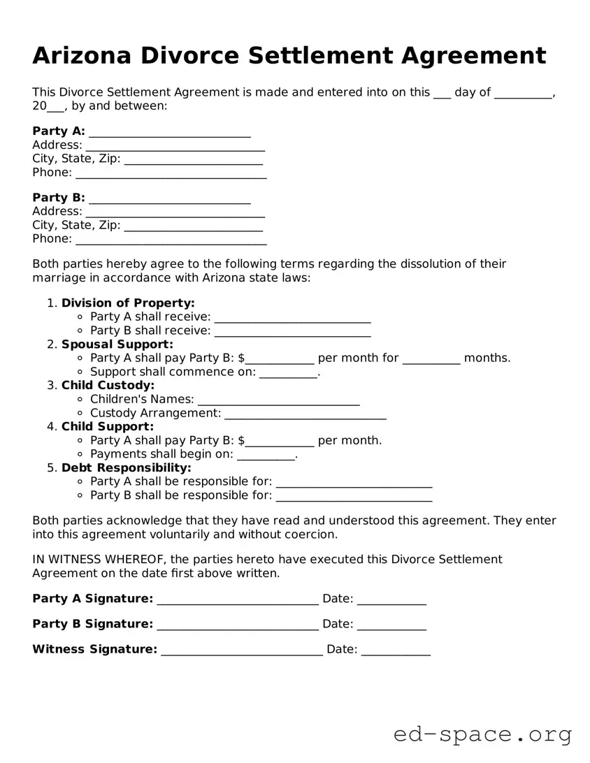 Free  Divorce Settlement Agreement Form for Arizona