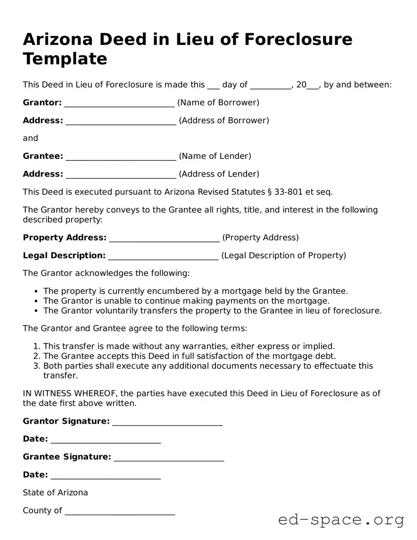 Free  Deed in Lieu of Foreclosure Form for Arizona