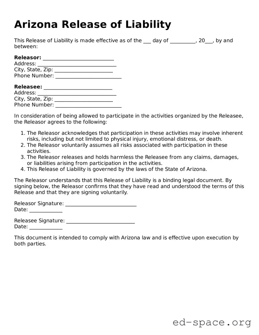 Free  Release of Liability Form for Arizona