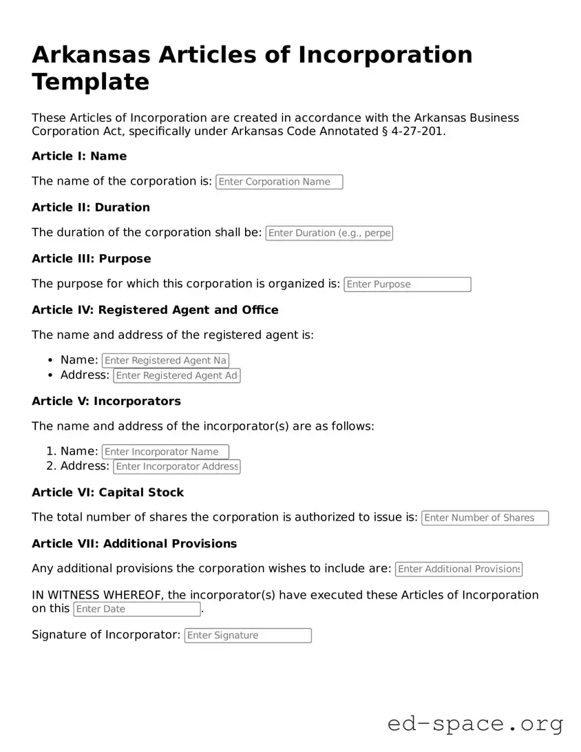 Free  Articles of Incorporation Form for Arkansas