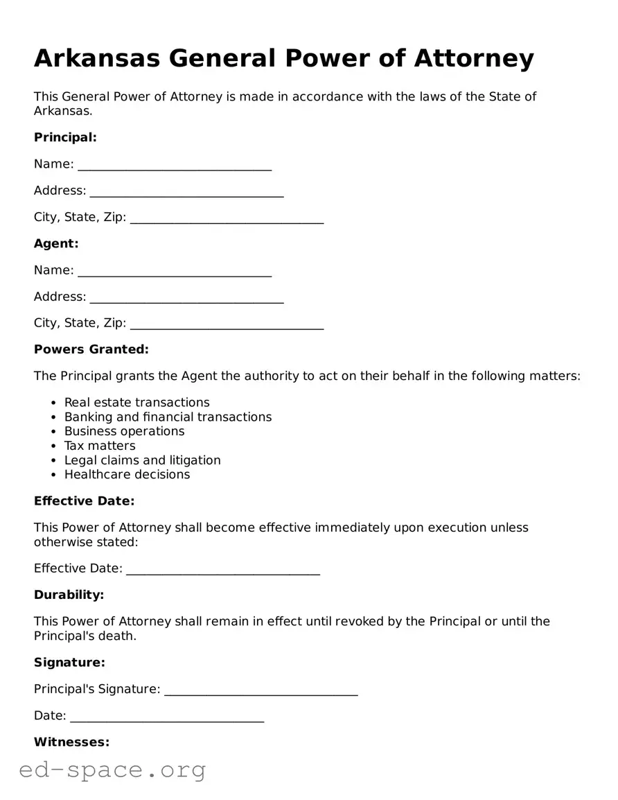 Free  General Power of Attorney Form for Arkansas
