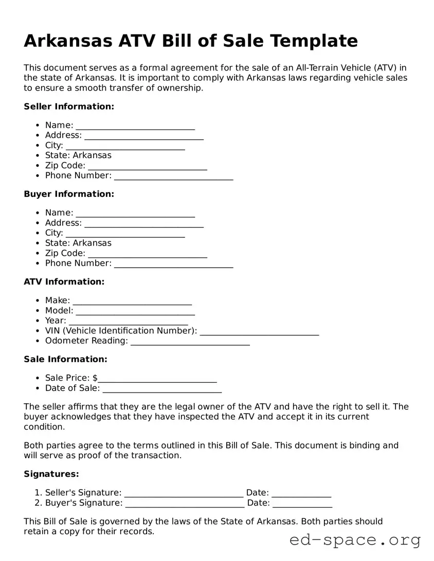 Free  ATV Bill of Sale Form for Arkansas