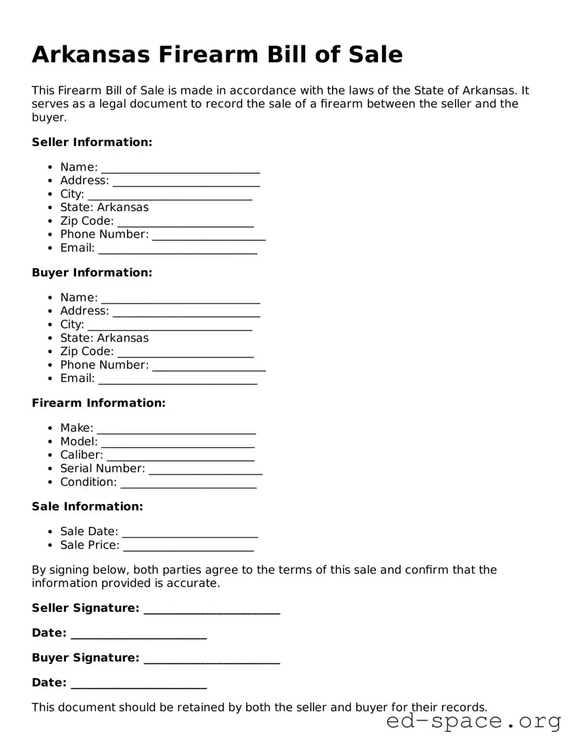 Free  Firearm Bill of Sale Form for Arkansas