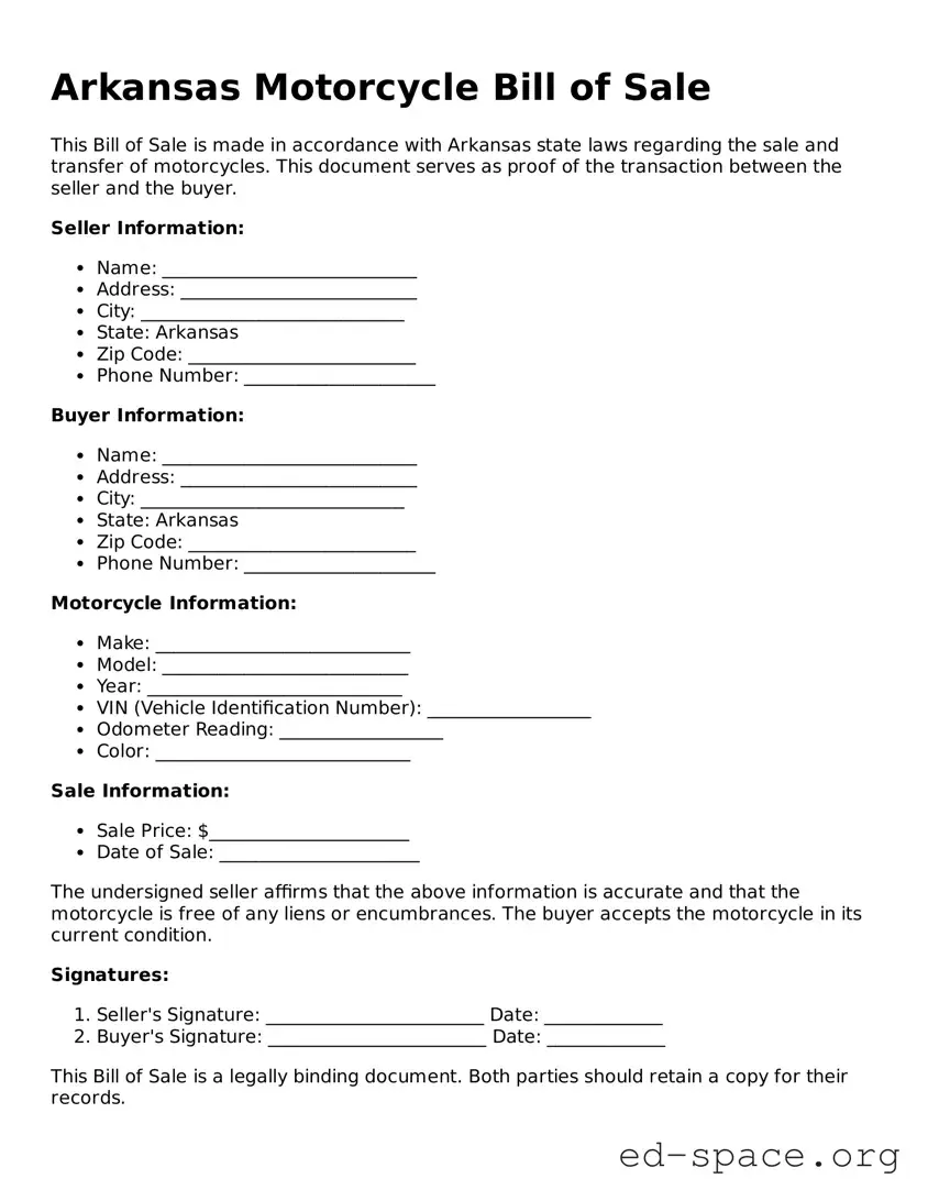 Free  Motorcycle Bill of Sale Form for Arkansas