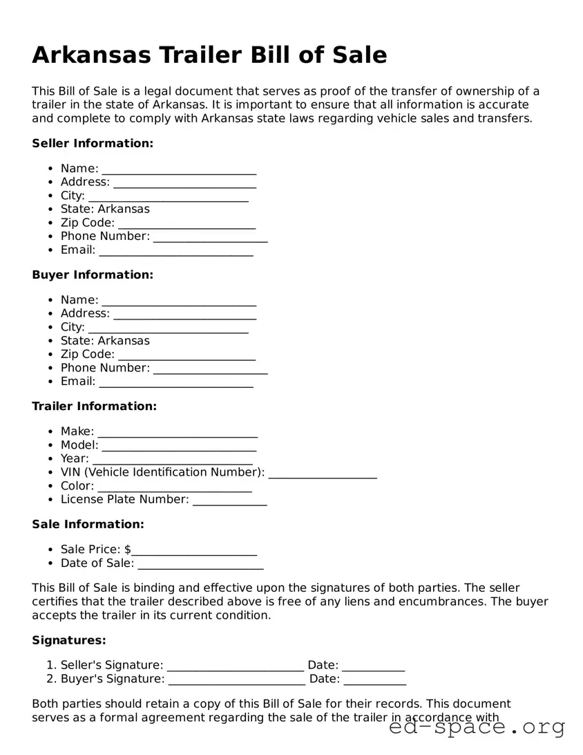 Free  Trailer Bill of Sale Form for Arkansas
