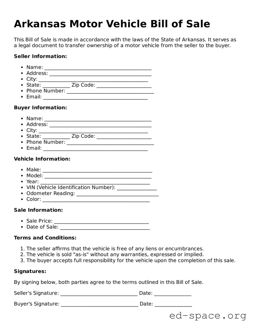 Free  Motor Vehicle Bill of Sale Form for Arkansas