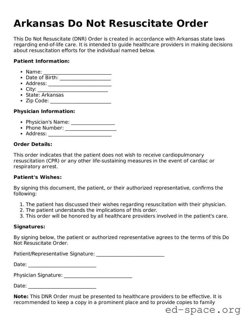 Free  Do Not Resuscitate Order Form for Arkansas