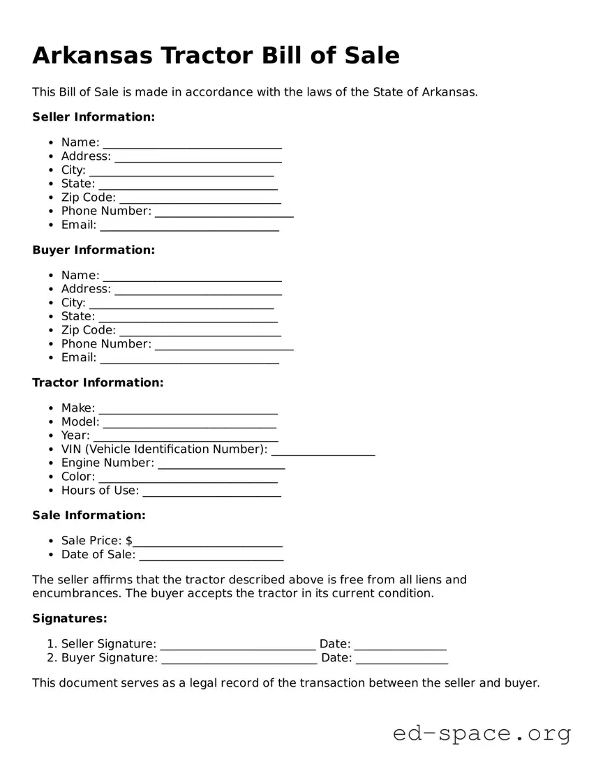 Free  Tractor Bill of Sale Form for Arkansas