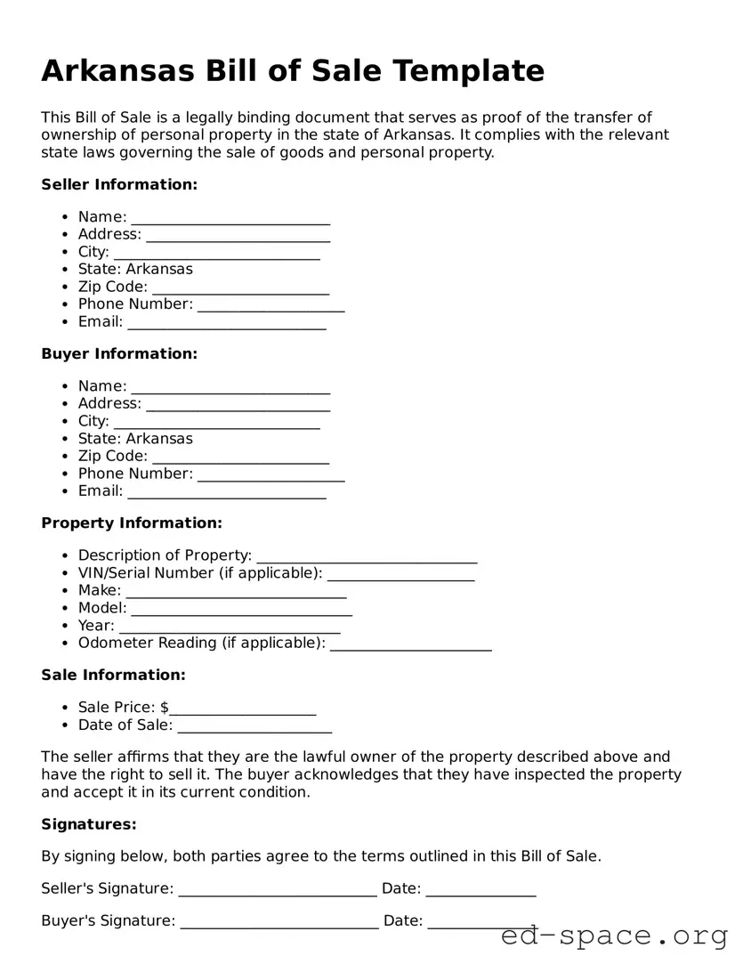 Free  Bill of Sale Form for Arkansas