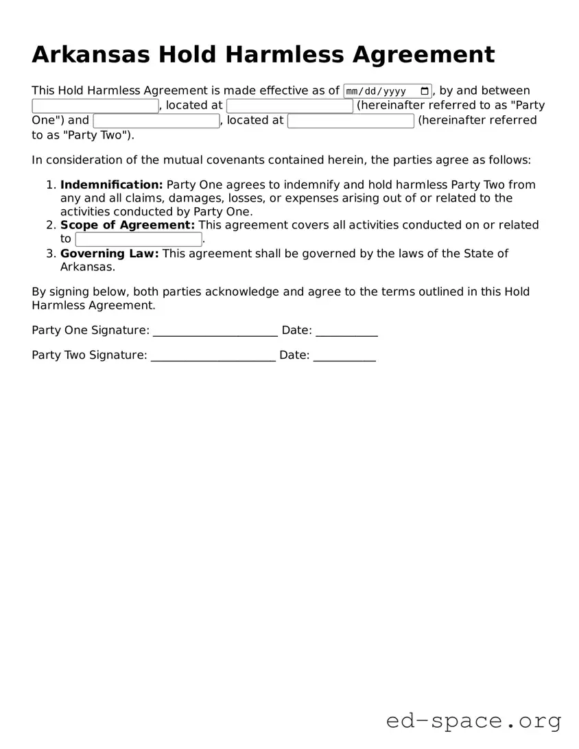 Free  Hold Harmless Agreement Form for Arkansas