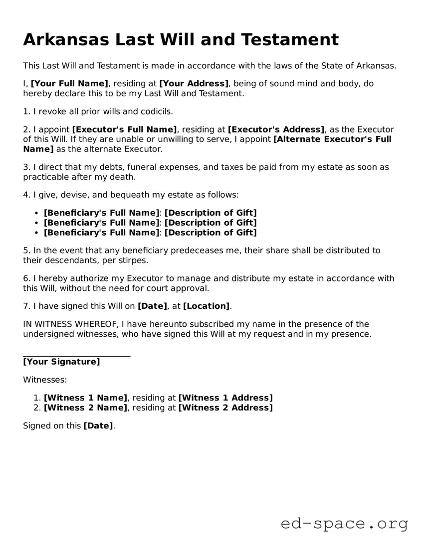 Free  Last Will and Testament Form for Arkansas