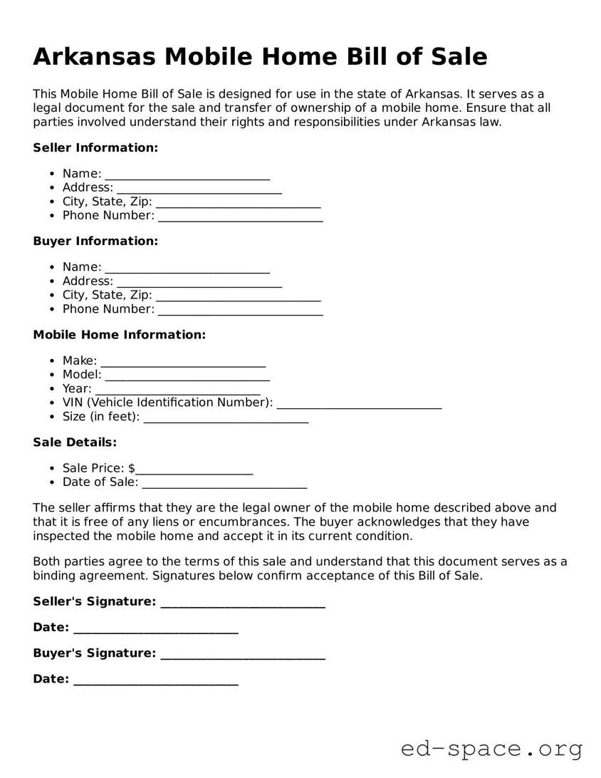 Free  Mobile Home Bill of Sale Form for Arkansas
