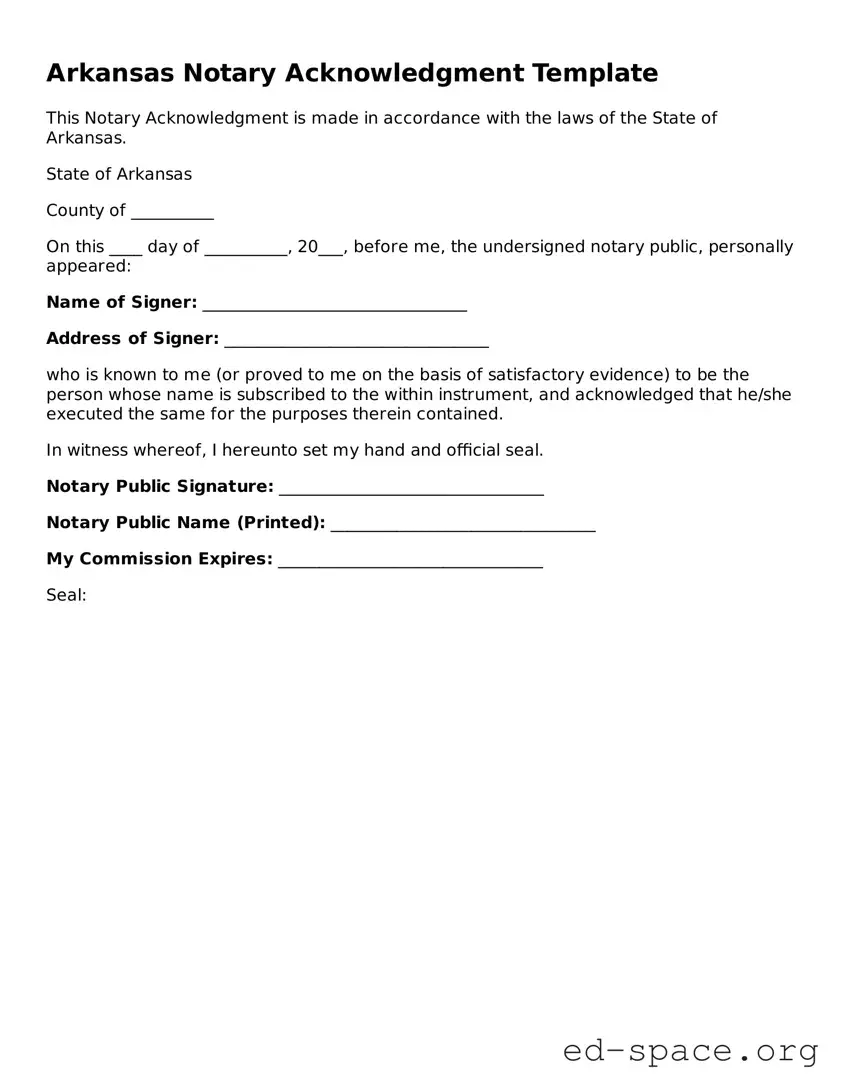 Free  Notary Acknowledgement Form for Arkansas