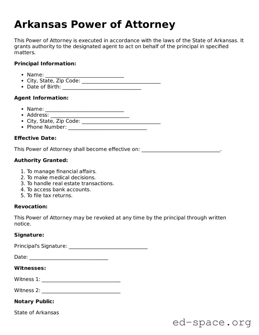 Free  Power of Attorney Form for Arkansas