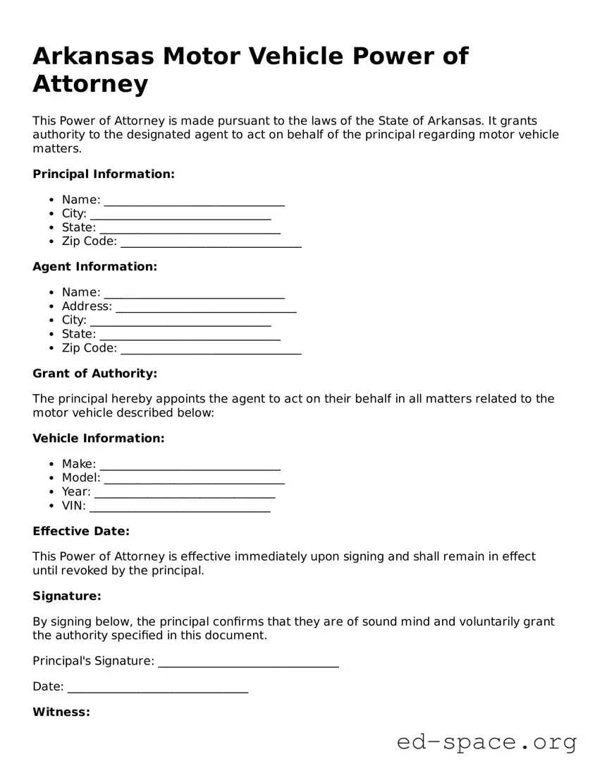 Free  Motor Vehicle Power of Attorney Form for Arkansas