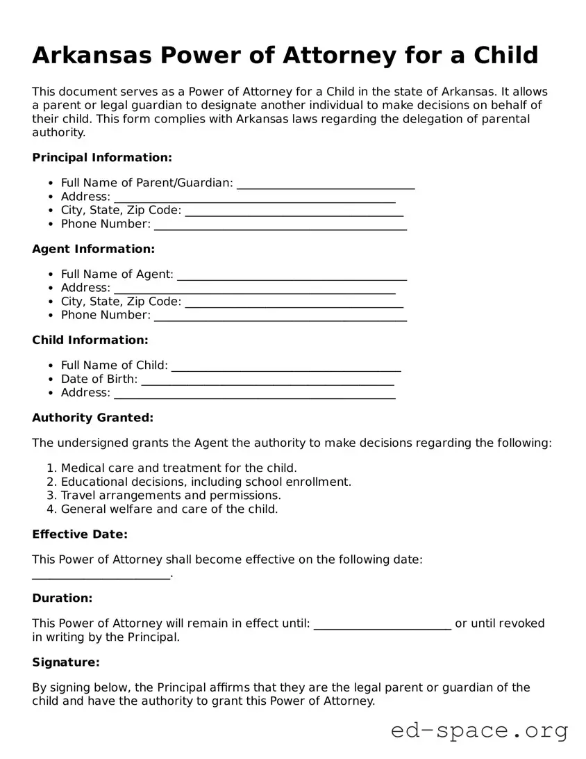 Free  Power of Attorney for a Child Form for Arkansas
