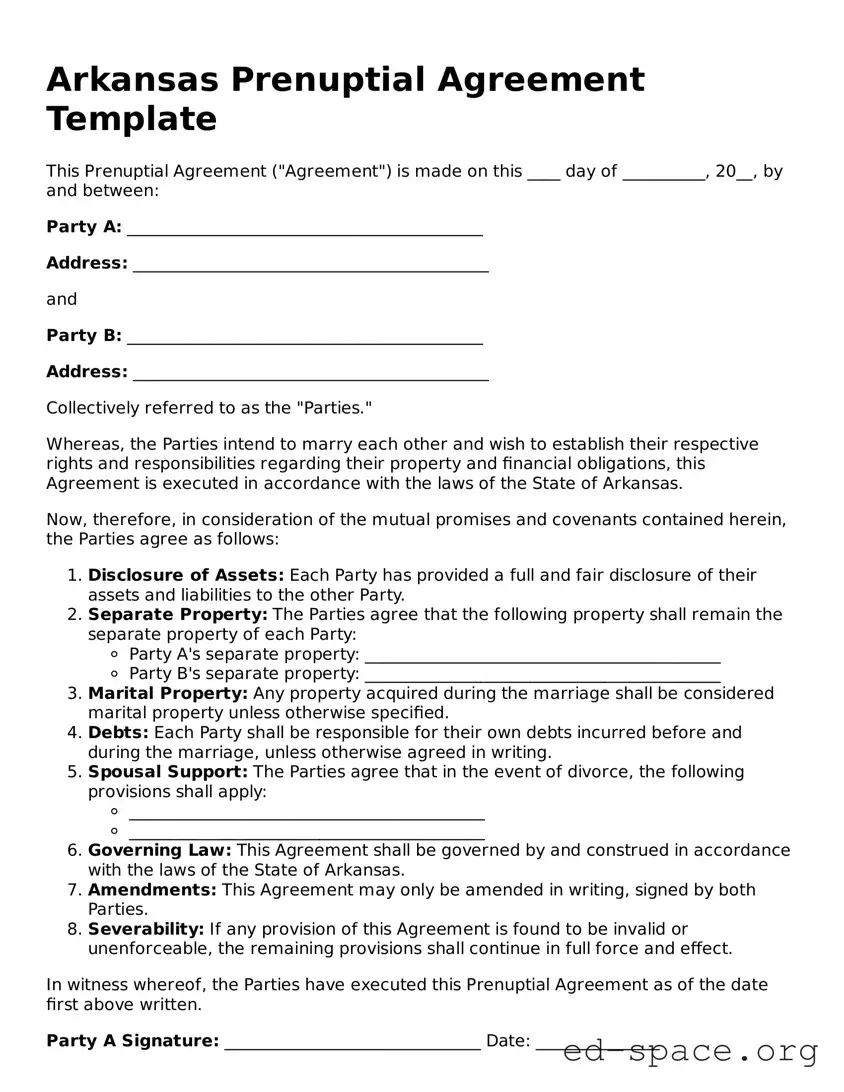 Free  Prenuptial Agreement Form for Arkansas