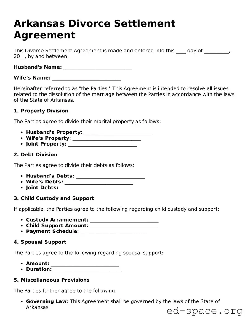 Free  Divorce Settlement Agreement Form for Arkansas