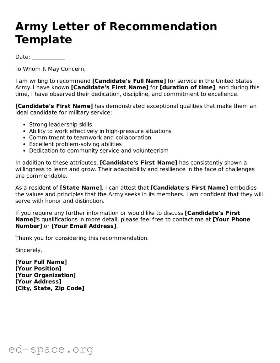 Fillable Army Letter of Recommendation Template