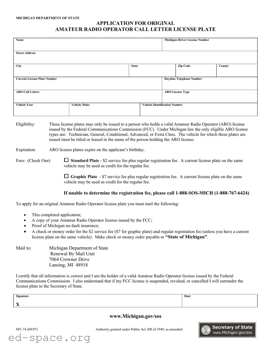 Blank Michigan Mv 74 PDF Form
