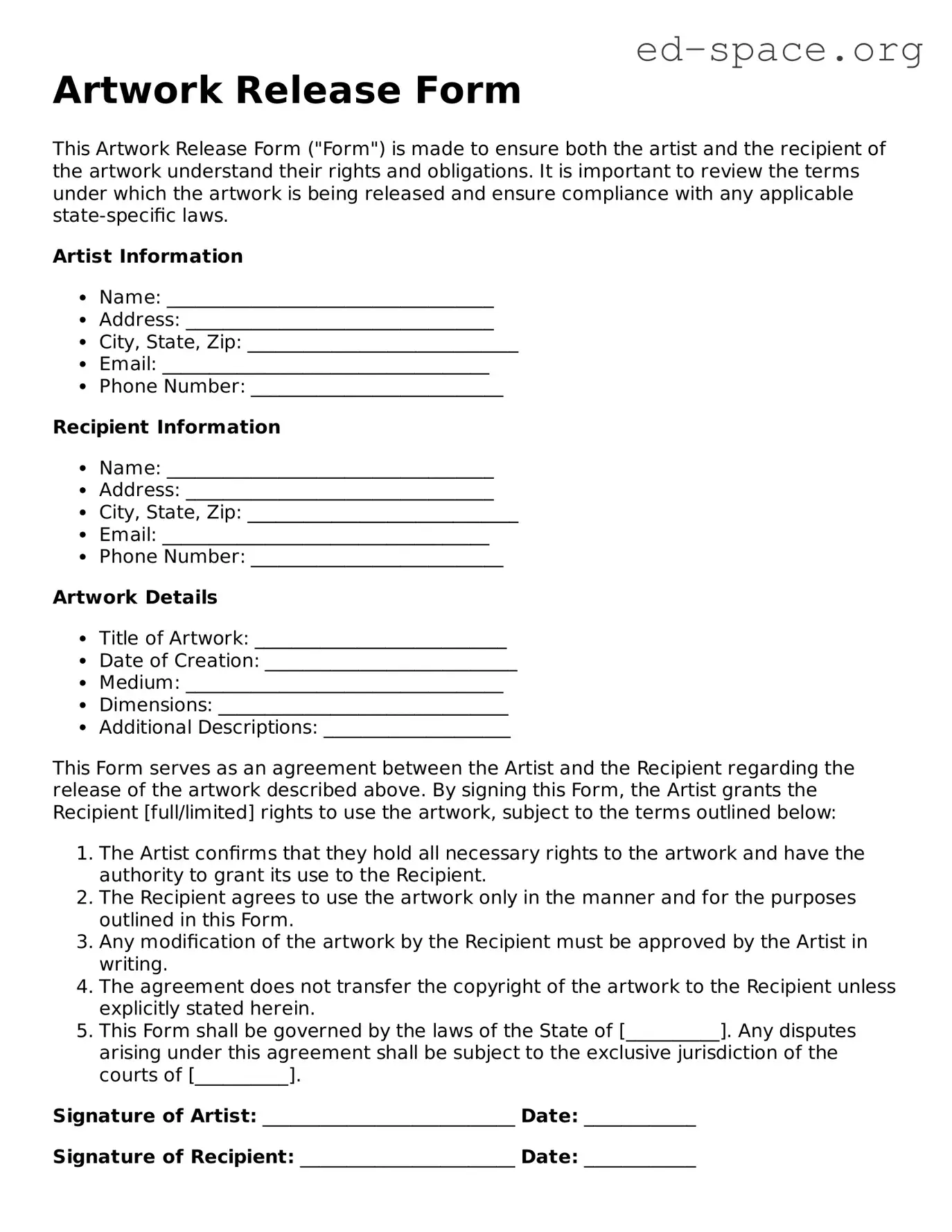 Fillable Artwork Release Template