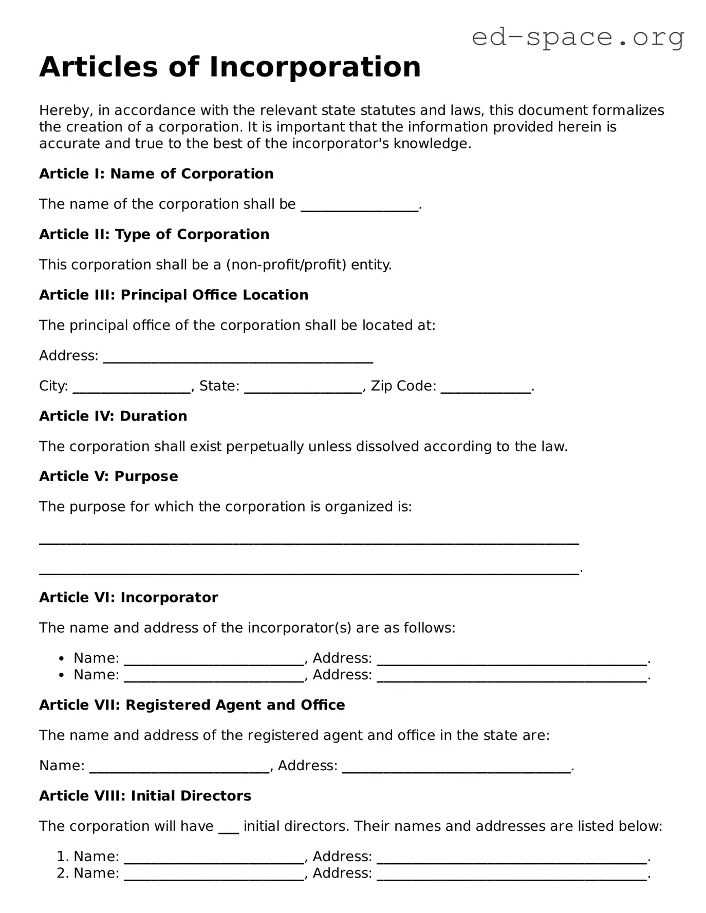 Fillable Articles of Incorporation Template