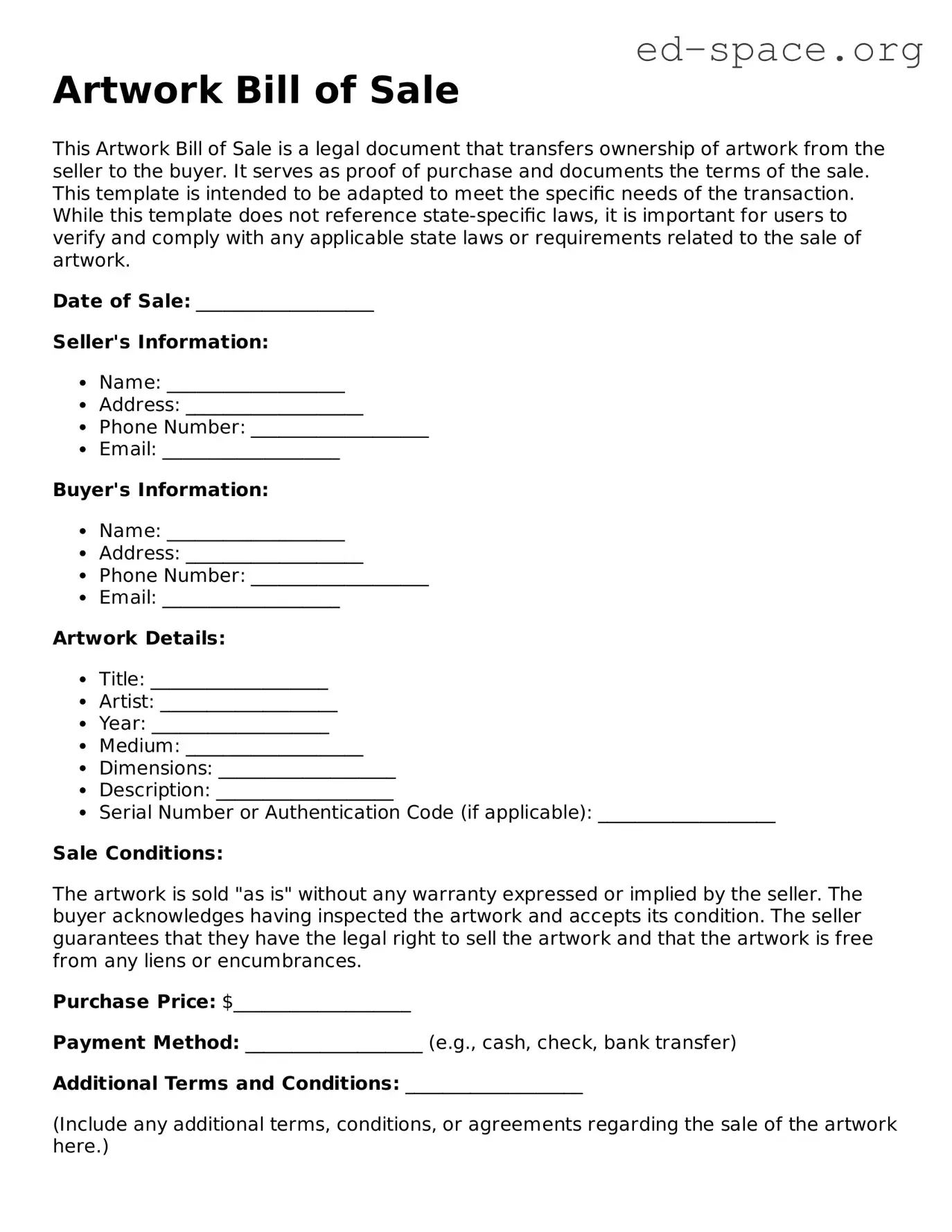 Fillable Artwork Bill of Sale Template