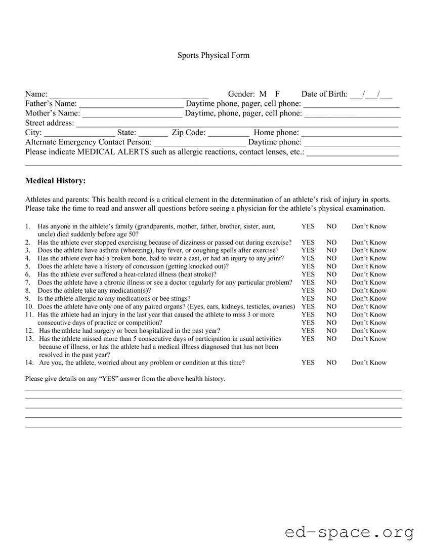 Blank Sports Physical PDF Form