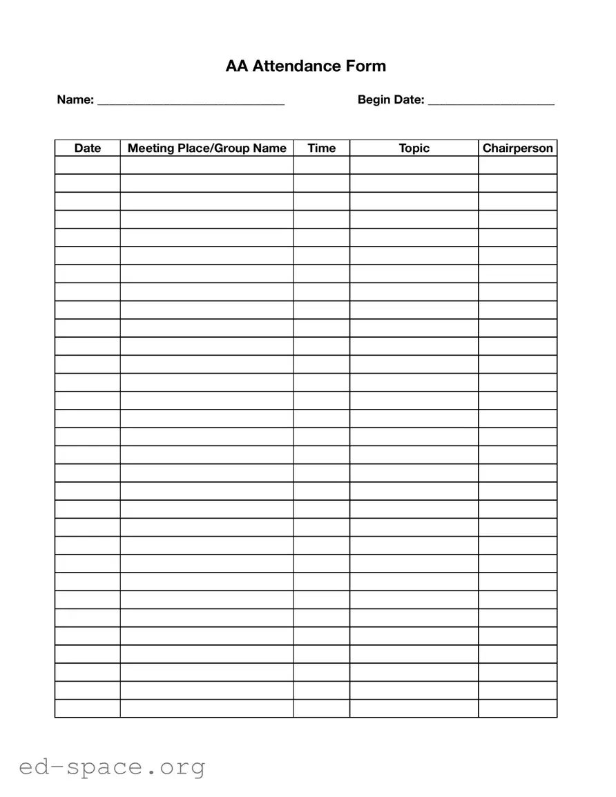 Blank Aa Recovery Proof Of Attendance Sheet PDF Form