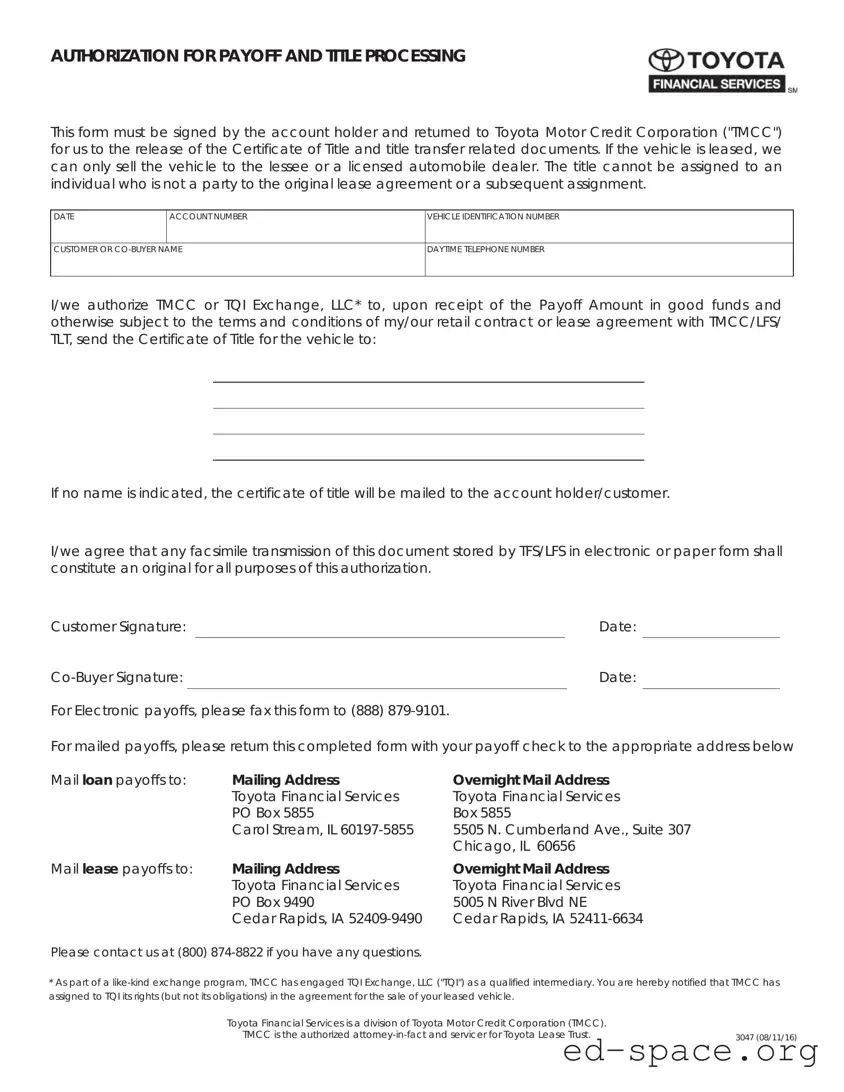 Blank Toyota Finacial Payoff PDF Form